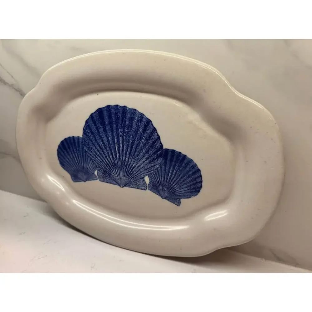 Chatham Pottery Scallop Splay Seashell In-Glaze Decal Oval Platter Serving Dish